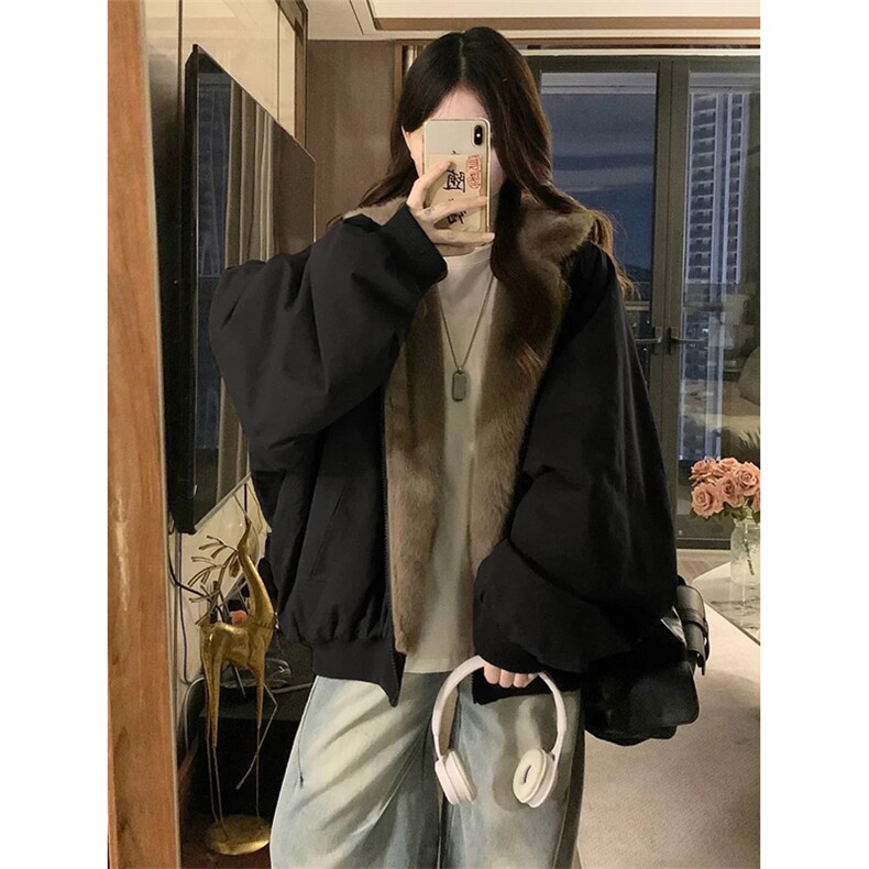 网图自制 美式连帽座山雕皮衣外套男女加绒兔毛棉衣夹克A1107-P90图片