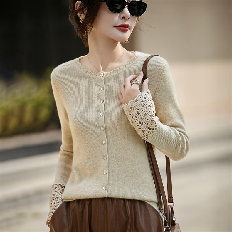 2025秋冬百搭时尚简约袖口袖花开衫，女装羊毛衫，邦太羊绒