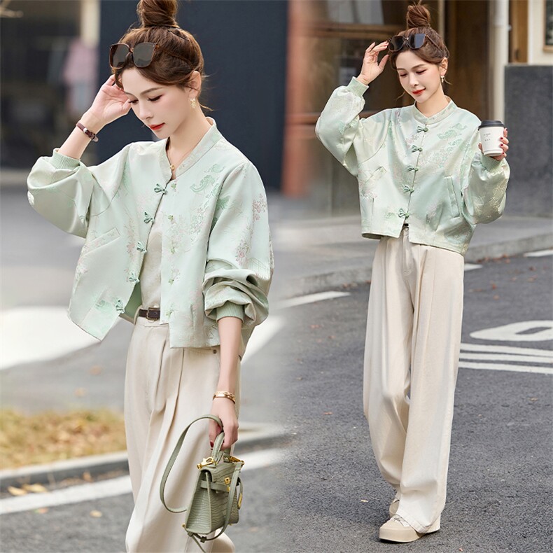 新中式国风外套女2025春秋新款小个子好看小香风短款绿色唐装上衣，女装短外套，关键词