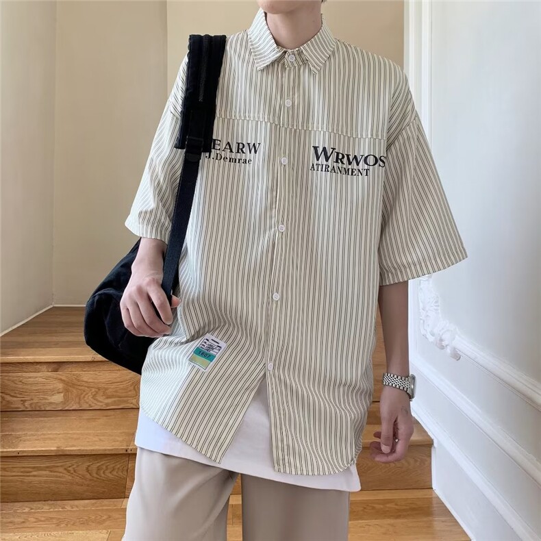 条纹短袖衬衫男夏季潮牌高级感痞帅衬衣外套宽松大码五分袖上衣,男装衬衫,星座1013