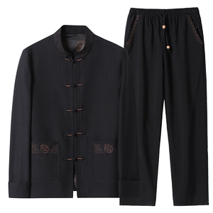 秋季中年男士唐装长袖套装爸爸风衣服中老年休闲汉服男装图片