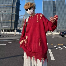 不规则破洞圆领针织衫男秋冬季街头慵懒风宽松情侣毛衣MZ684-P50，男装针织衫/毛衣，星座412-2