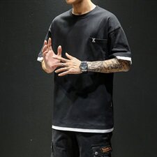 19夏季新款日系复古宽松假两件短袖工装口袋T恤潮牌半袖T302，男装T恤，电商A021A