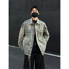 美式高街重磅毛边满印提花牛仔外套男款春季水洗做旧工装夹克男，男装夹克，星座410-7