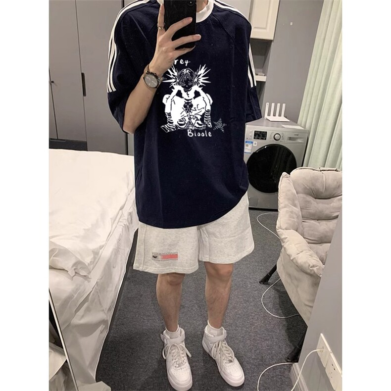 夏季美式高街重磅纯棉三条杠织带撞色男女短袖T恤ZD511-特P30,男装T恤,电商A486