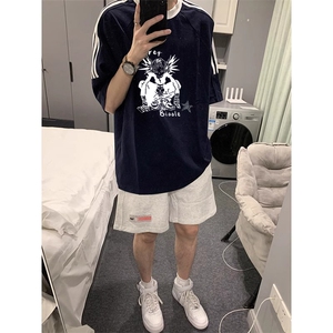 夏季美式高街重磅纯棉三条杠织带撞色男女短袖T恤ZD511-特P30图片