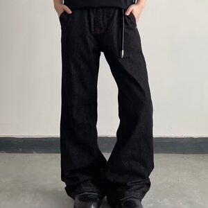 美式复古黑色阔腿牛仔裤男春夏cleanfit高街痞帅显瘦弯刀微喇裤子图片