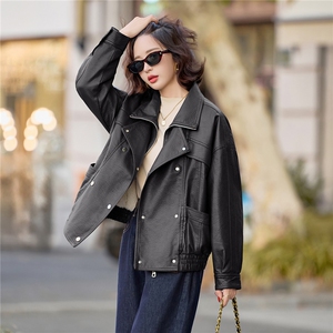 2025冬新加绒仿真皮皮衣女杨树林机车夹克宽松廓形泡皮短款外套图片