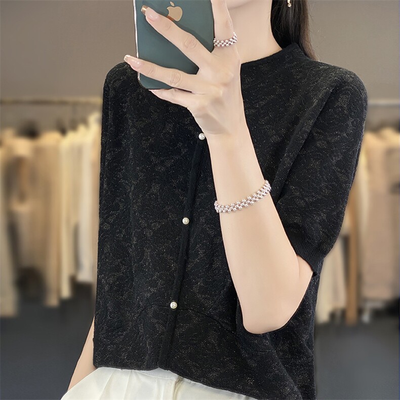 25春夏新大码遮肚子桑蚕丝盘扣上衣冰丝针织衫中式国风短袖t恤女,女装羊毛衫,朝贺羊绒