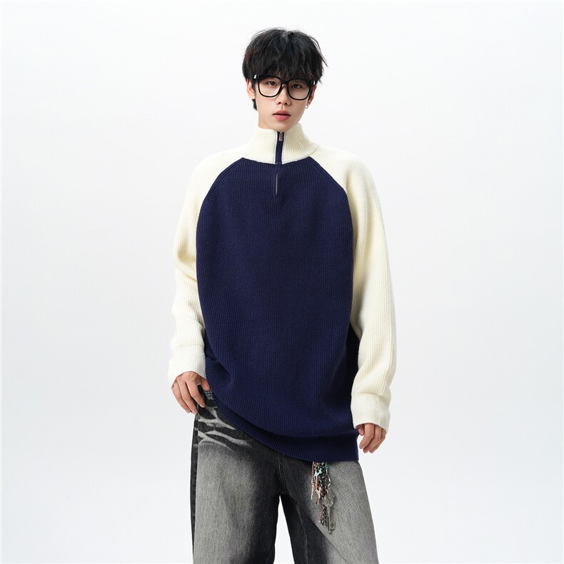 8XL-M半拉链立领毛衣外套男针织衫慵懒拼接插肩袖线衣MY19001P78,男装针织衫/毛衣,电商B312
