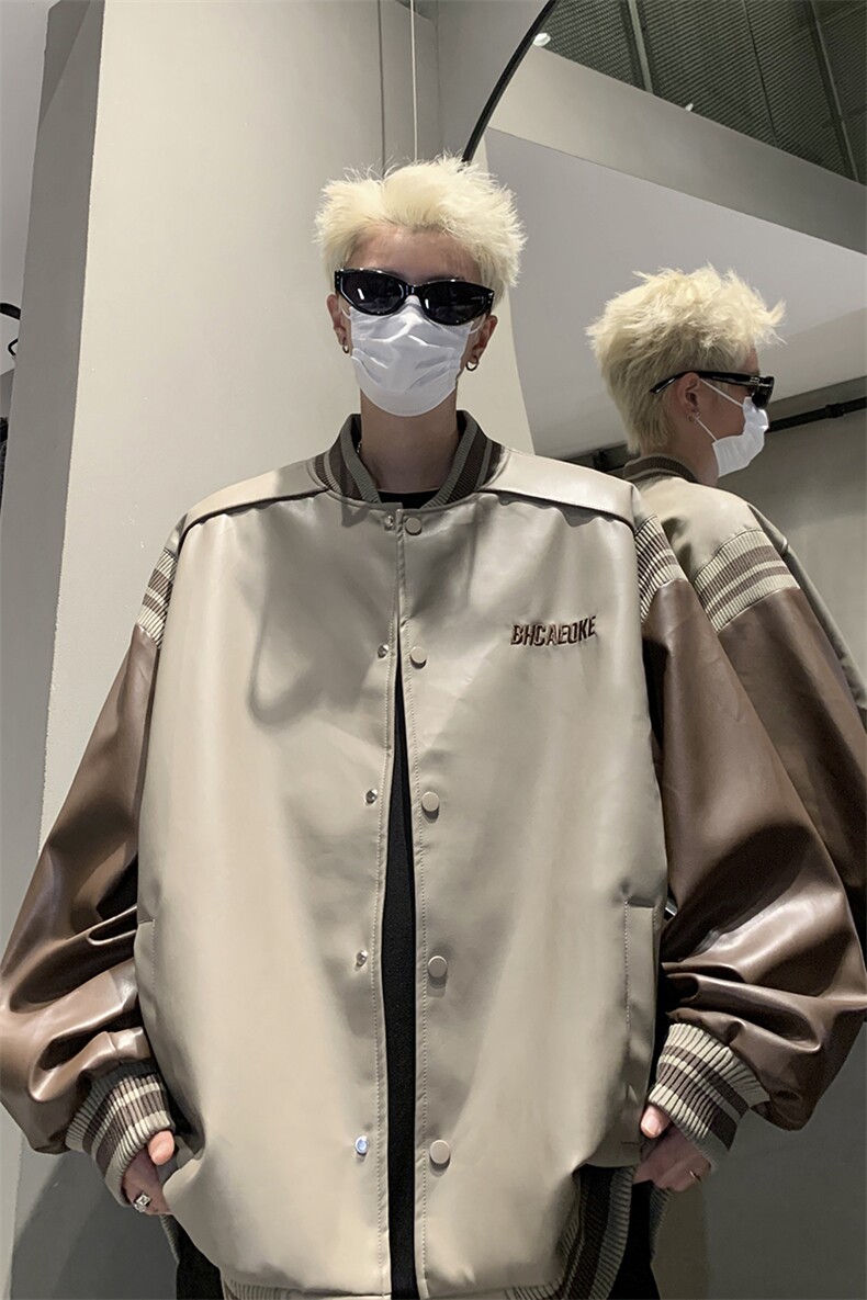 港风美式复古拼接罗纹pu棒球服情侣皮衣夹克外套男女G1094P108,男装夹克,电商A339