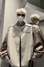 港风美式复古拼接罗纹pu棒球服情侣皮衣夹克外套男女G1094P108，男装夹克，电商A339