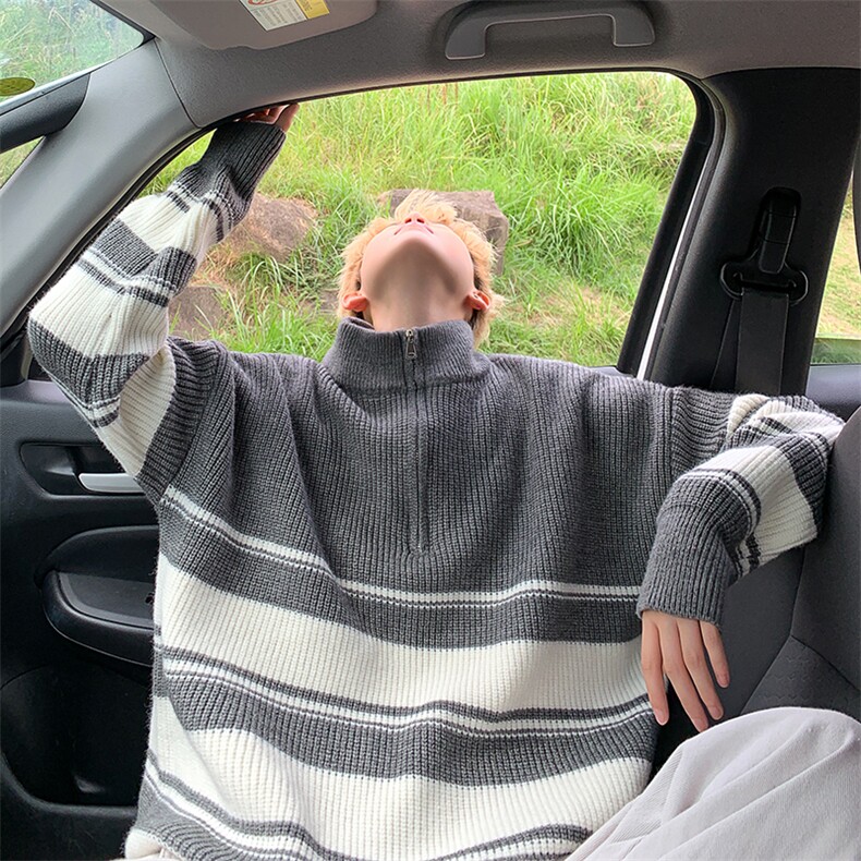 2025新款半拉链条纹高领毛衣男秋冬季男女生慵懒针织衫-控88，男装针织衫/毛衣，星座310A-3