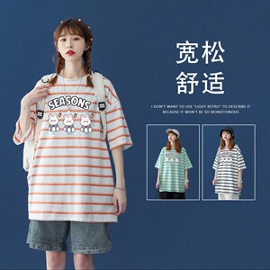 中性 夏季条纹撞色印花卡通图案圆领情侣短袖T恤 T864 P35控48图片