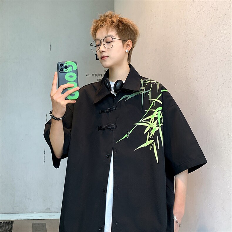 2026夏装潮男新中式印花盘扣短袖五分袖衬衫 CS780/特P35 黑色图片