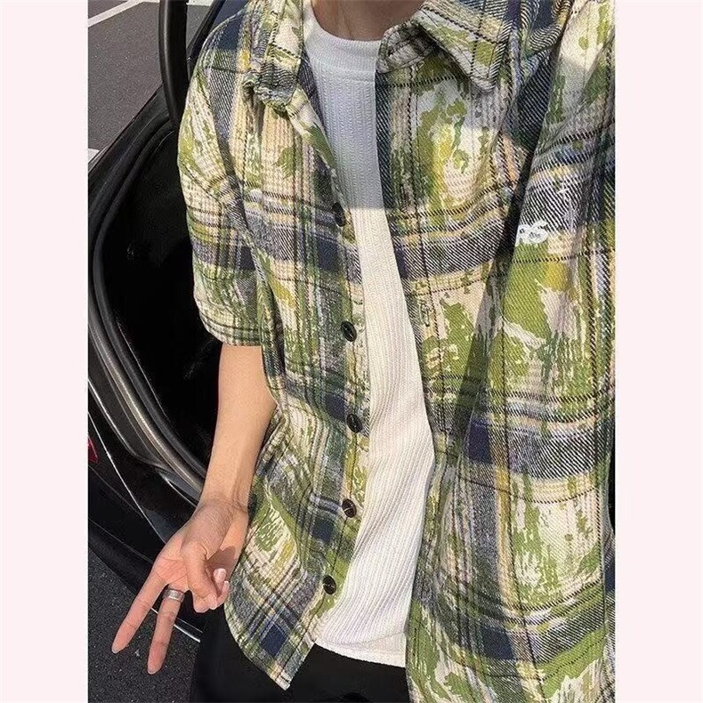 绿色扎染短袖格子衬衫男夏季美式高街设计感衬衣vintage防嗮外套，男装T恤，星座1210-1