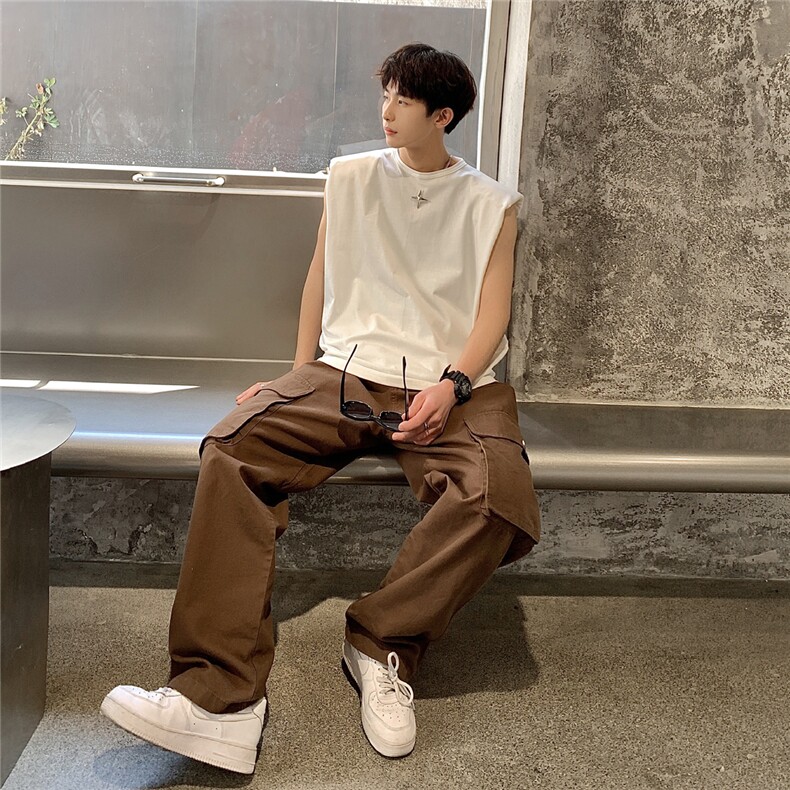 美式垫肩背心男大码四角星无袖短袖T恤男BX8764P25控39图片