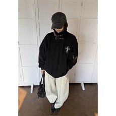 美式十字架贴皮刺绣翻领外套2026新款男女潮牌宽松撞色拼接夹克，男装夹克，星座506A