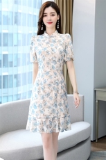 2021夏季新款时尚修身显瘦碎花旗袍连衣裙，女装连衣裙，韩蜜菓