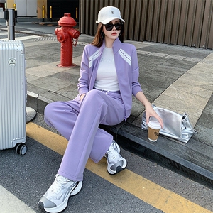 春女开衫活力紫色卫衣直筒裤两件套图片