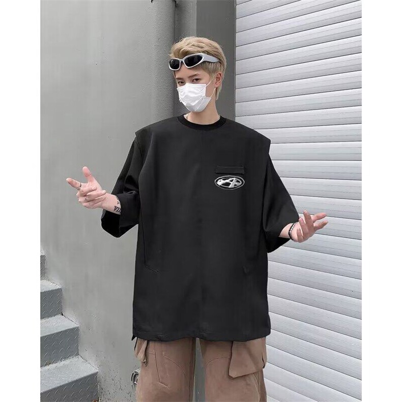 假两件抗皱短袖男夏季设计感时尚潮流正肩t恤美式潮牌重磅五分袖图片