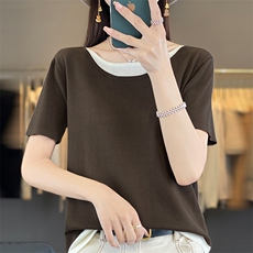 时尚女士新款简约百搭拼接假两件短袖针织衫，女装针织衫/毛衣，悦玛羊绒
