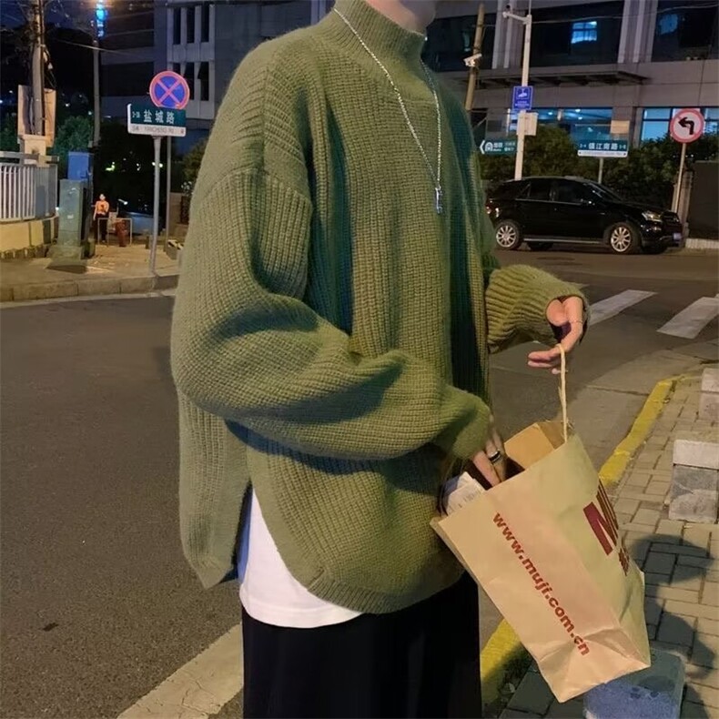 慵懒风宽松开叉圆领毛衣男士港风纯色套头针织衫 MY099-P40图片