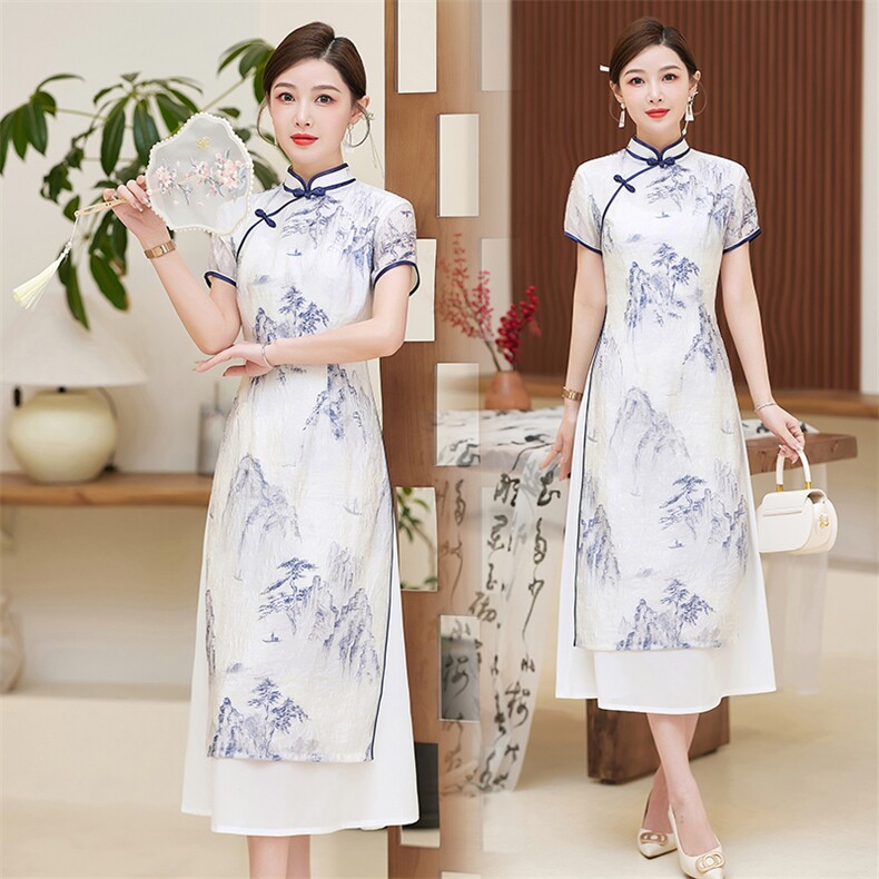 中长款旗袍短袖丝绸优雅2025年春季高开衩，女装汉服/婚纱/旗袍/礼服，小荷流