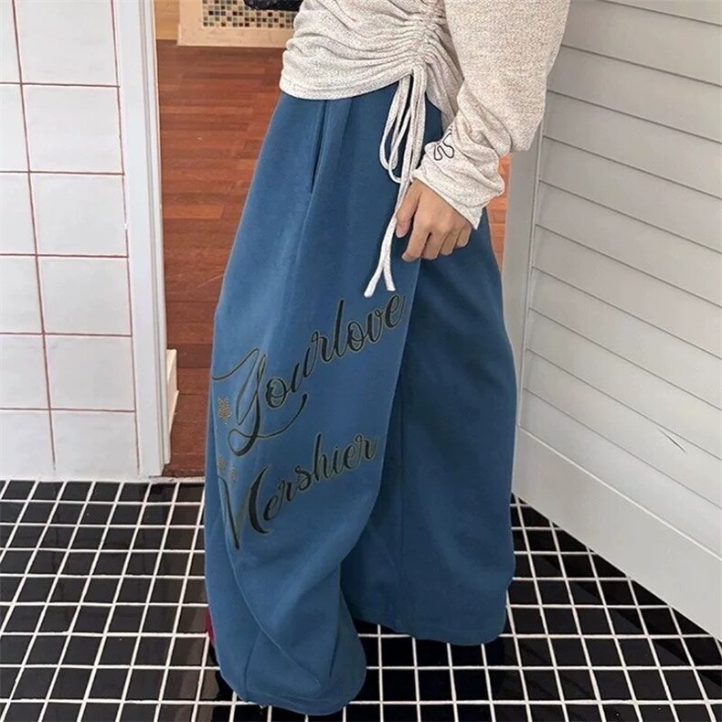 松弛感字母烫钻运动卫裤女宽松阔腿裤爵士舞休闲裤子拖地美式,女装休闲裤,星座1210-1