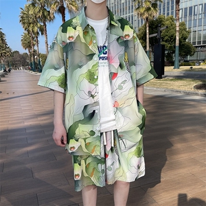 扎染满印夏威夷休闲运动套装男生夏季薄款海边沙滩衬衫短裤两件套图片