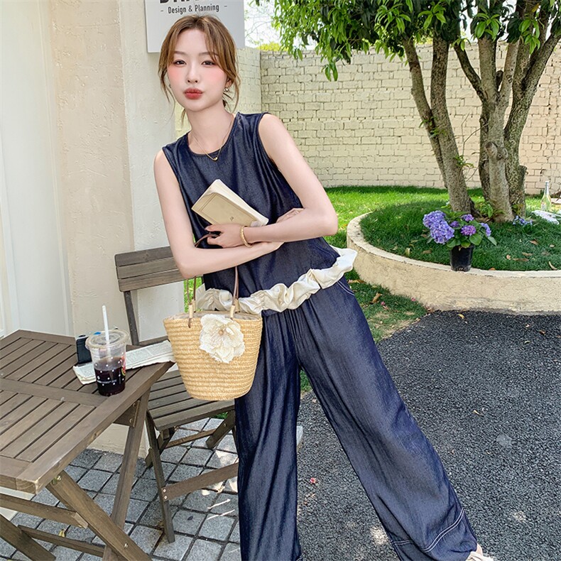 休闲气质花边无袖牛仔阔腿裤套装女夏2025新款子大方得体两件套,女装套装/套裙,2C283