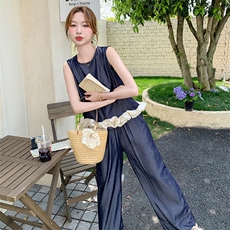 休闲气质花边无袖牛仔阔腿裤套装女夏2025新款子大方得体两件套，女装套装/套裙，2C283