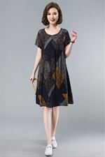 优雅复古印花连衣裙宽松显瘦短袖长裙舒适百搭，女装连衣裙，依恋蒂丝