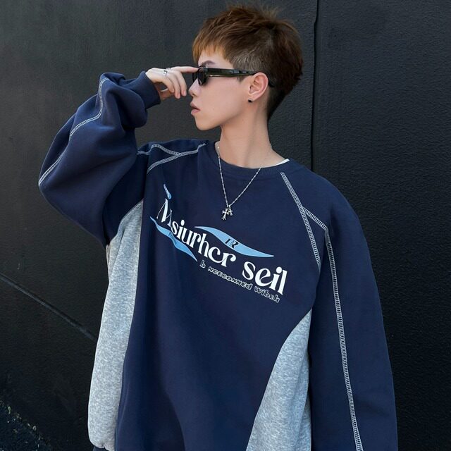 秋季美式小众情侣上衣oversize宽松复古印花撞色圆领卫衣W120/P45图片