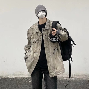 欧美炸街做旧扎染牛仔夹克男女ins超火痞帅情侣休闲外套W824-p68图片