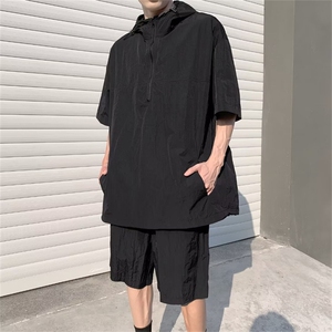 F327-P56夏季潮牌连帽短袖短裤两件套宽松百搭运动套装男现货,瘦人穿搭冬图片