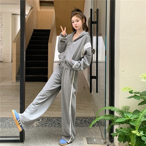 休闲运动灰色连帽卫衣阔腿裤套装女春秋松弛感两件套爆款俏皮活泼图片