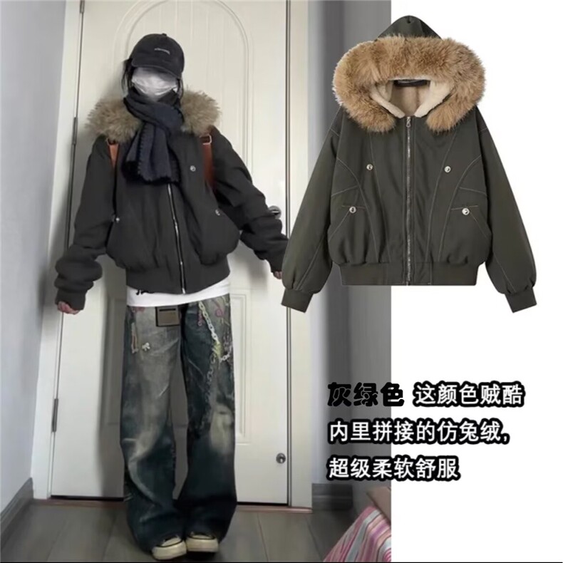 2025美式复古座山雕派克棉服外套男女冬季毛领连帽短款情侣棉衣图片