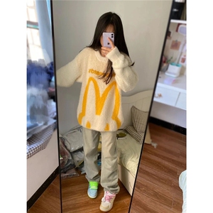 美式复古软糯兔子耳朵马海毛毛衣男女情侣oversize慵懒宽松针织衫图片