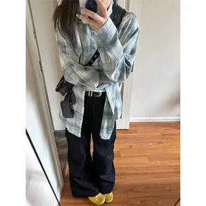 韩版春秋新款百搭格子衬衫女设计感小众宽松中长款休闲外套上衣女