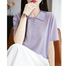 高级感莱赛尔针织polo翻领T恤女2025夏轻薄透气减龄短袖镶钻t恤衫，女装T恤，昭美羊绒