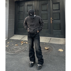 美式ins高街hiphop重工艺水洗微喇复古蓝牛仔裤货号K2320-1P55图片