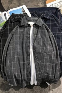 男士秋季新款衬衫韩版潮流宽松格子衬衣外套长袖DF04T图片