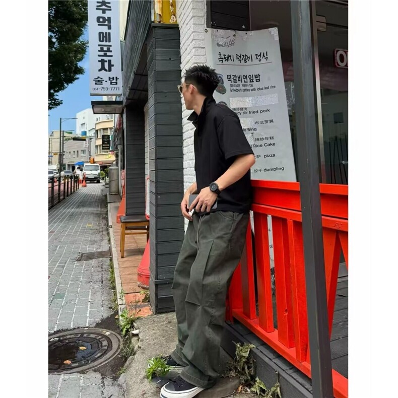 美式复古军绿色弯刀工装裤男款秋季水洗纯棉裤子阔腿直筒休闲长裤,男装棉裤,星座1001-1