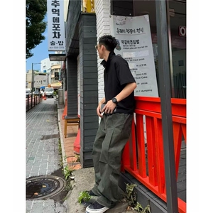 美式复古军绿色弯刀工装裤男款秋季水洗纯棉裤子阔腿直筒休闲长裤图片