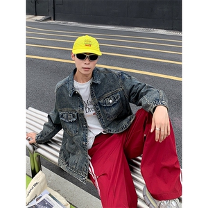 美式复古水洗牛仔外套男潮牌春秋宽松休闲痞帅翻领工装口袋夹克衫图片