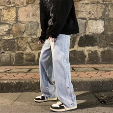 新款高街牛仔裤男潮ins宽松阔腿长裤春秋季休闲百搭裤K1870-P40，男装牛仔裤，星座512-2
