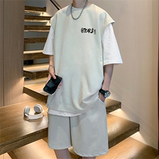 直播美式麂皮绒宽松背心无袖t恤短裤大码两件套套装TZ33-P58，男装T恤，电商A486