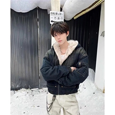 J63-P163美式连帽牛仔棉服男女水洗重磅座山雕毛领复古加绒加厚，男装棉衣，电商B323A