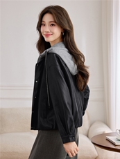小个子显瘦洋气假两件连帽短款宽松PU皮衣外套女休闲2026秋季，女装皮衣，江南女神
